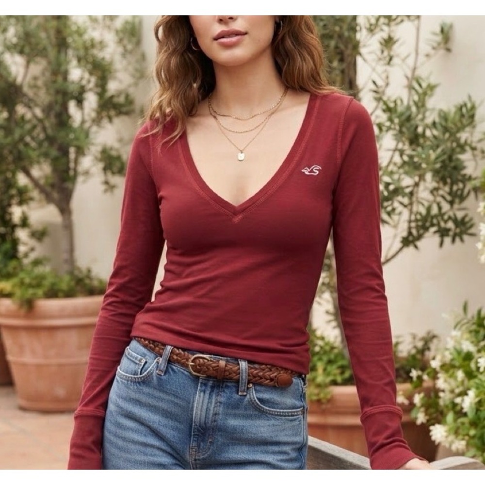 Hollister Burgundy V-Neck Long Sleeve Top Bella Swan Y2K Style Medium
